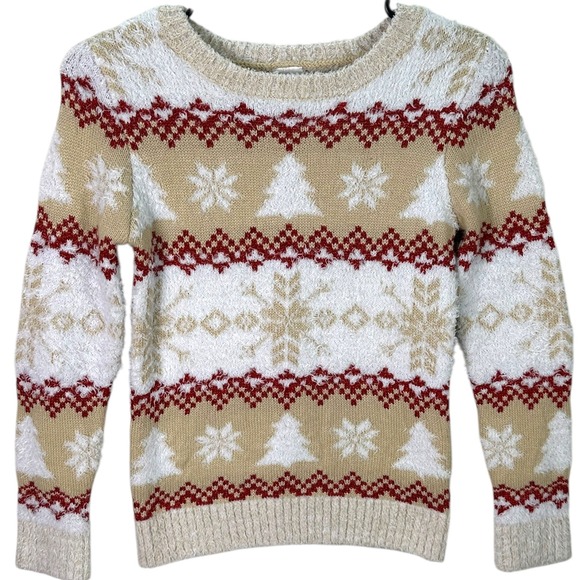 🌸3/$15🌸 Girls Ugly Christmas Sweater Size M 7-8 Tan Red White Trees‎ Snowflakes - Picture 3 of 8